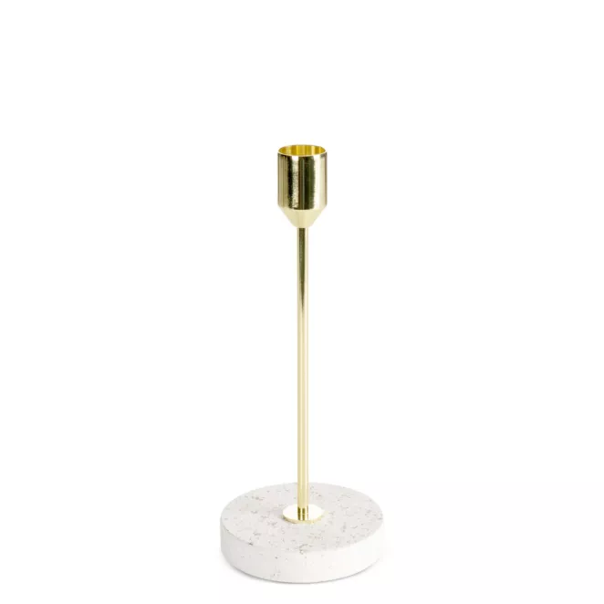 Świecznik dekoracyjny złoto, kremowy o smukłym uchwycie i kamiennej podstawie średnica 8x18 cm KORI Eurofirany