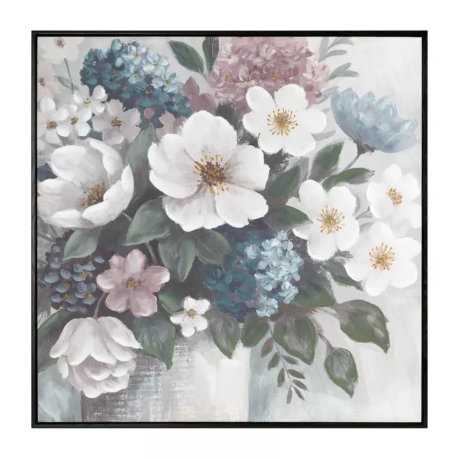 Obraz kremowo, zielony ręcznie malowane kwiaty na płótnie z błyszczącymi akcentami 80x80 cm Eurofirany