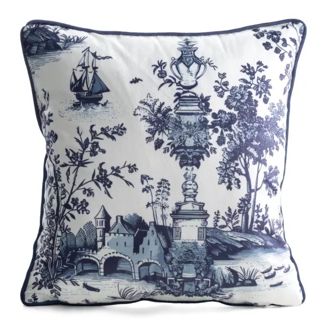 Poszewka na poduszkę 45x45 cm welwetowa biało, ciemnogranatowa z roślinnym nadrukiem VELVET 208 Eurofirany