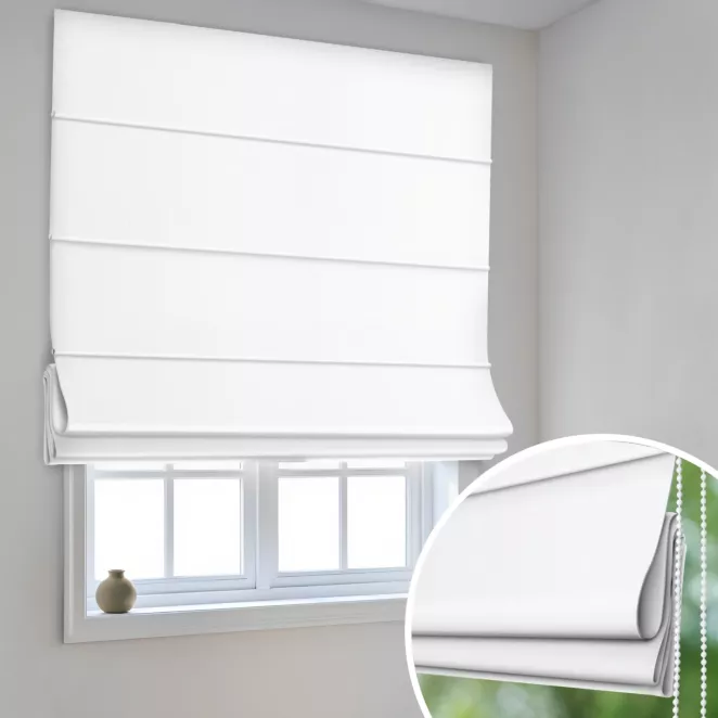Roleta rzymska biała z miękkiej półmatowej tkaniny welwetowej