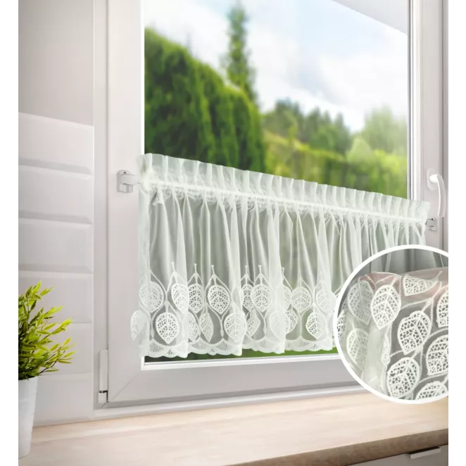 Zazdrostka kremowa z drobnej siateczki zdobiona ażurowym haftem 40x150 cm taśma - NIRA Eurofirany
