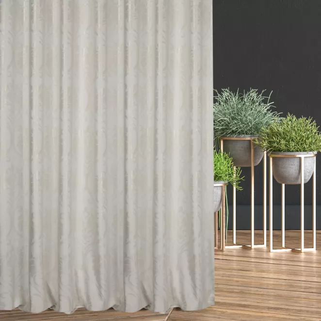 Zasłona szyta na taśmie fala jasnokremowo złocista z miękkiej tkaniny welwetowej z ornamentowym błyszczącym nadrukiem