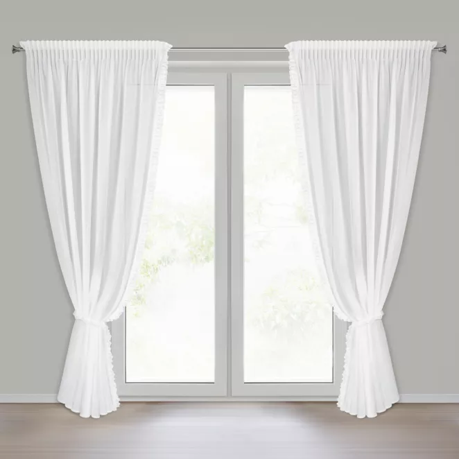 Komplet firan białych zdobionych aplikacją z gipiurą z perełkami 140x270 cm taśma+troczek ELENA Eurofirany