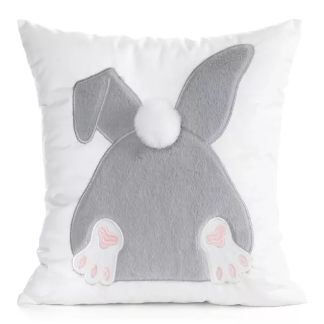 Wielkanocna poszewka na poduszkę 45x45 cm welwetowa z uroczym zajączkiem biało, srebrna WIOSNA 129 Eurofirany