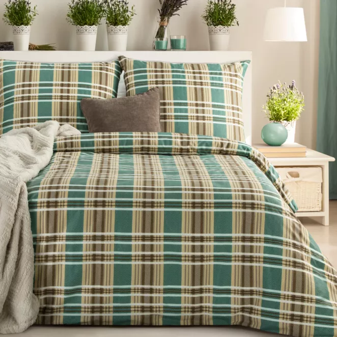 Pościel 160x200 cm z satyny bawełnianej kolor jasnobrązowy, zielony z motywem kraty SPRING 65 Eurofirany