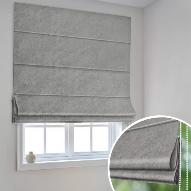 Roleta rzymska popielata z welwetowej tkaniny w drobny melanż