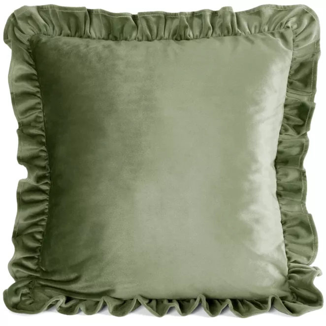 Poszewka na poduszkę 60x60 cm z aksamitnego welwetu zdobiona na brzegach falbanami oliwkowa BRENDA EUROFIRANY PREMIUM