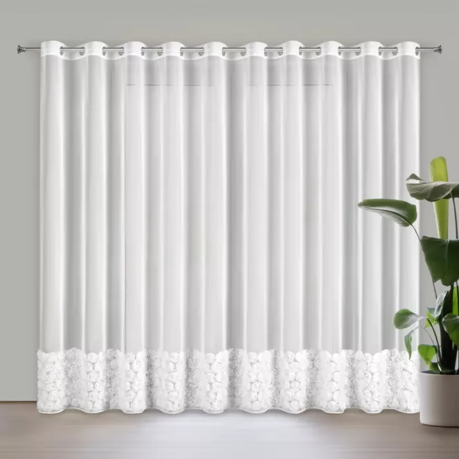 Firana z siateczki biała zdobiona pasem aplikacji róż 3D 350x250 cm przelotka ROSES Eva Minge Eurofirany