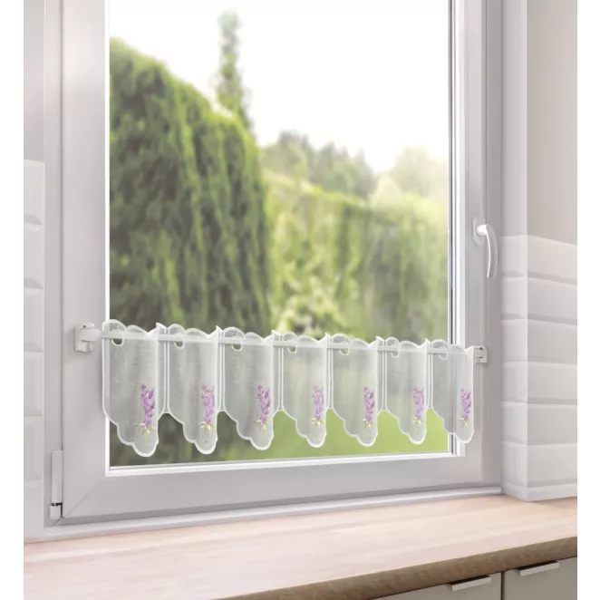 Tkanina firanowa zazdrostka z etaminy zdobiona haftem lawendy Eurofirany