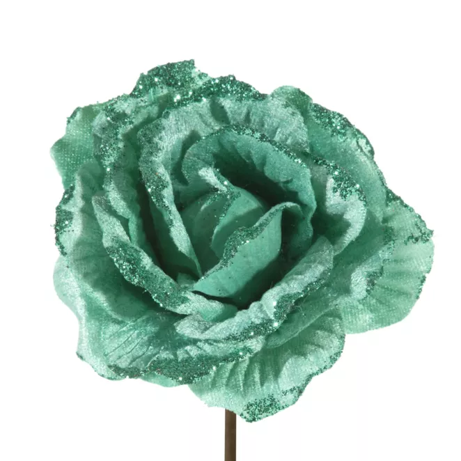 Turkusowa róża z brokatem kwiat na choinkę 11 cm Eurofirany