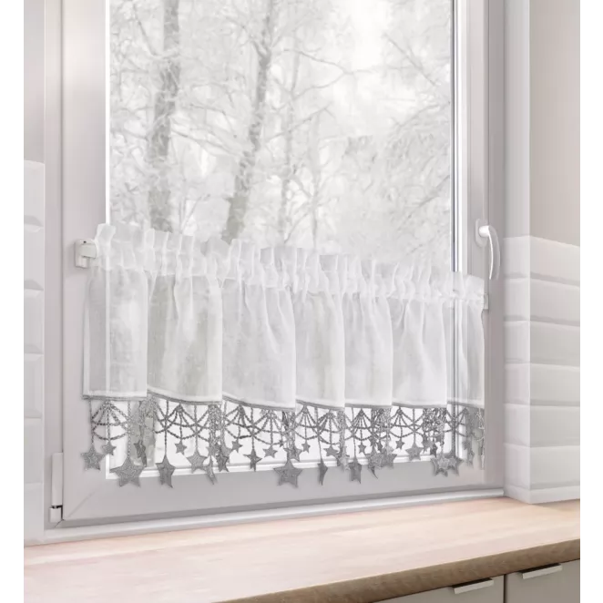 Zazdrostka świąteczna biało, srebrna z etaminy zdobiona luźno zwisającymi gwiazdkami 150x30 cm tunel - XMAS Eurofirany