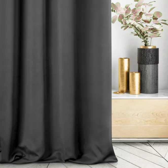 Zasłona szyta na taśmie fala grafitowa z gładkiej tkaniny zaciemniającej typu dimout