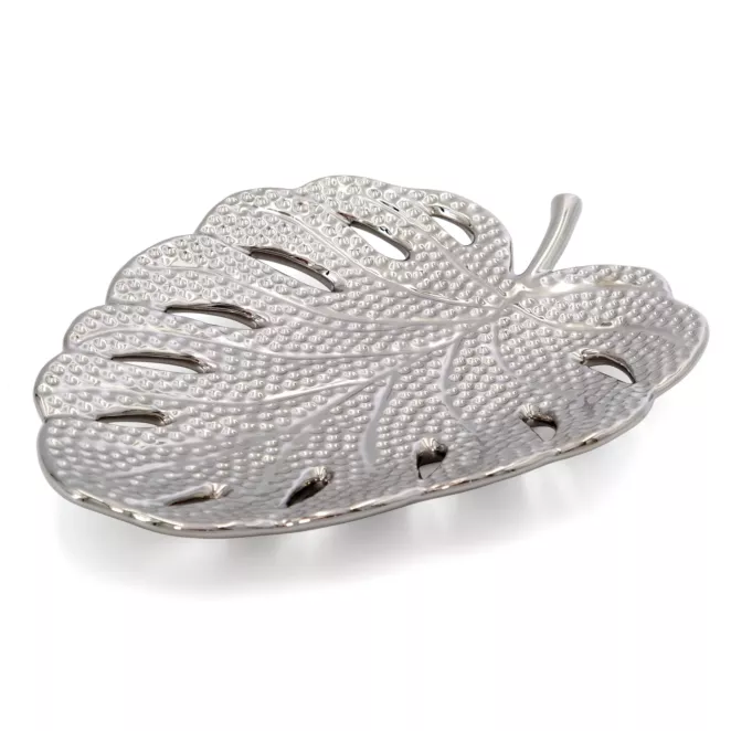 Patera dekoracyjna srebrna w kształcie liścia monstery 25x19x4 cm KARLO Eurofirany