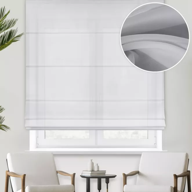 Roleta rzymska srebrna z delikatnej, miękkiej w dotyku żorżety, wykończonej obciążnikiem