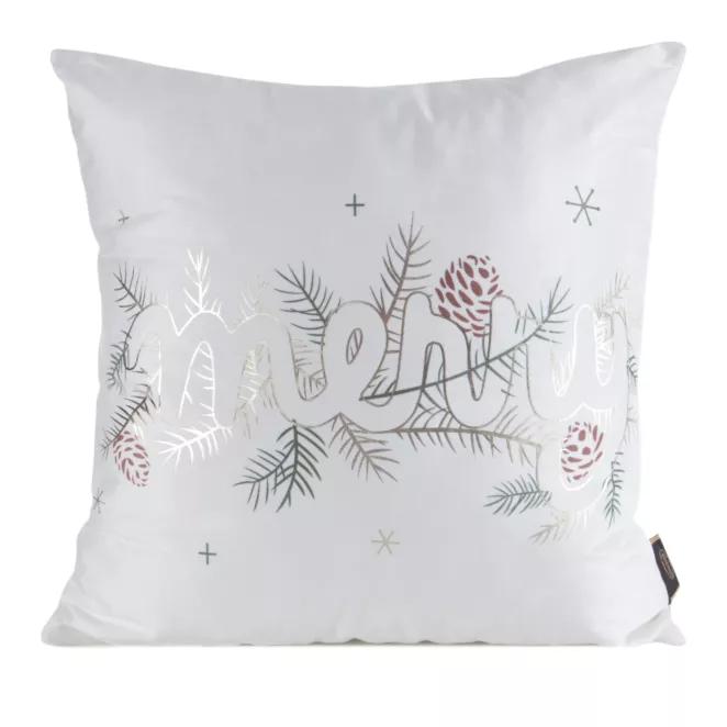 Poszewka na poduszkę świąteczna 45x45 cm welwetowa biało, złota z lśniącym nadrukiem Eurofirany