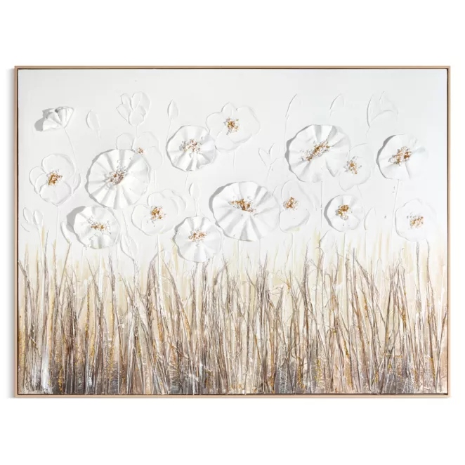 Obraz w trójwymiarowe kwiaty kremowo, złoty ręcznie malowany na płótnie oprawiony w ramę Eurofirany 92x122 cm