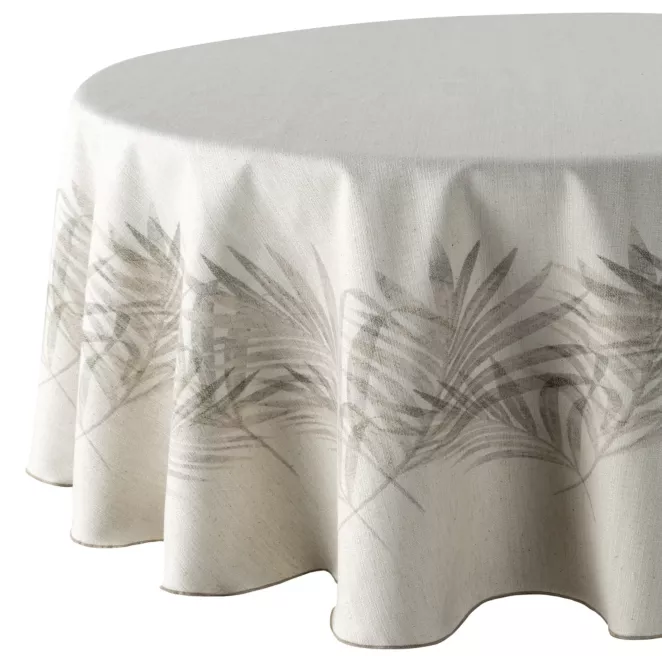 Obrus okrągły beżowo, kremowy średnica 150cm INES 11 z nadrukowanym motywem liści palmowych