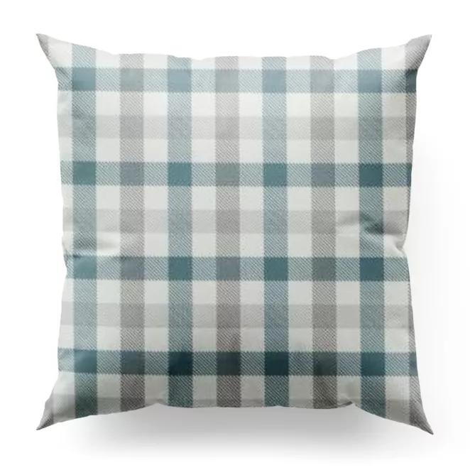 Poszewka szyta jasnokremowo turkusowa z tkaniny o naturalnym splocie z nadrukowanym wzorem w kratę