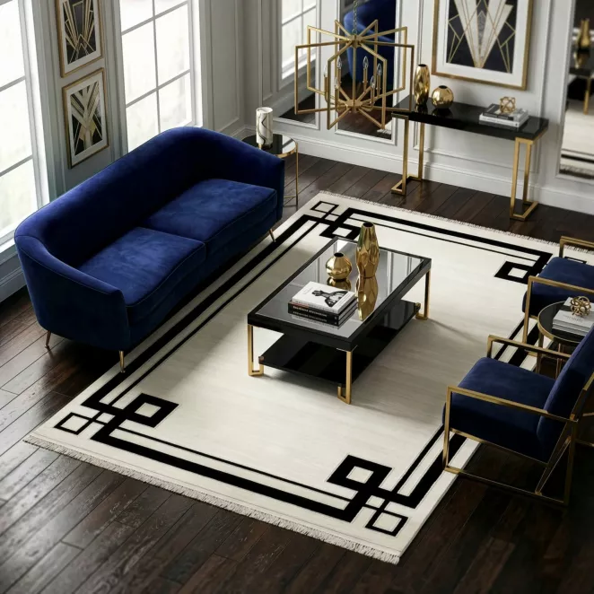 Dywan 60x100 cm jasnoszary, czarny zdobiony elegancką geometryczną ramką AURA 3 Eurofirany