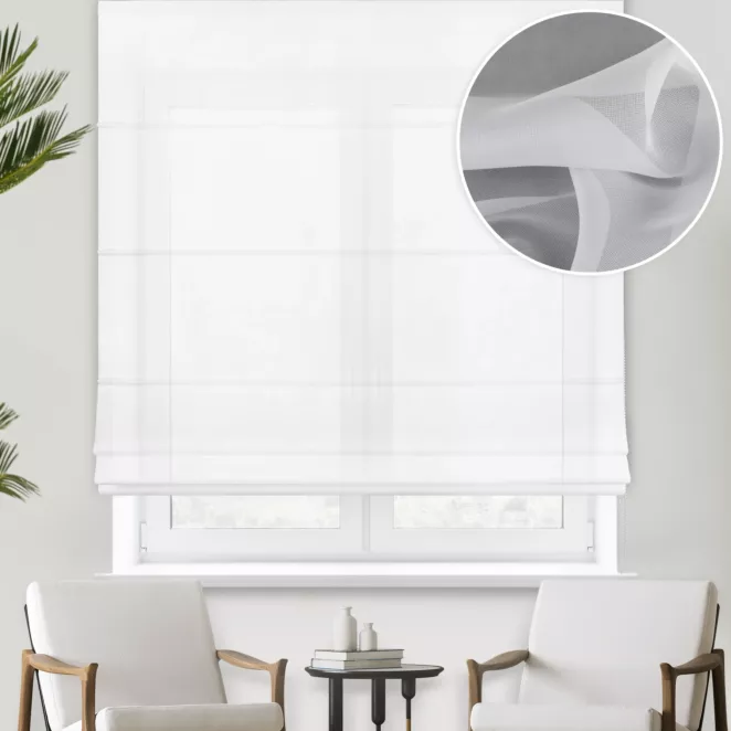 Roleta rzymska biała z delikatnej, miękkiej w dotyku żorżety, wykończonej obciążnikiem