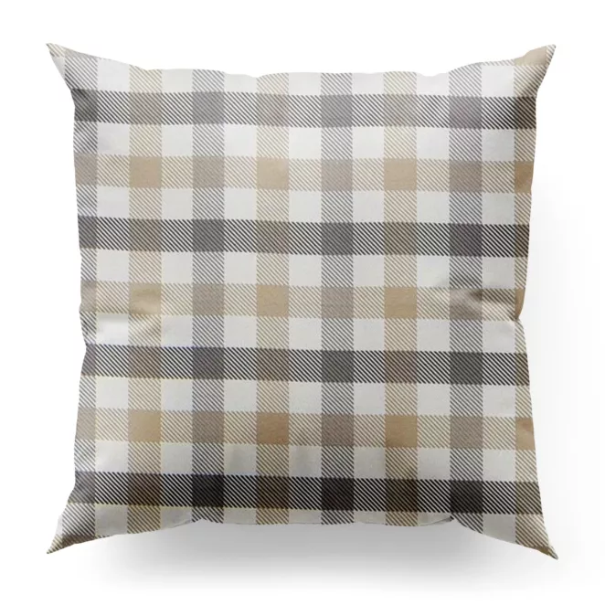 Poszewka szyta beżowo grafitowa z tkaniny o naturalnym splocie z nadrukowanym wzorem w kratę