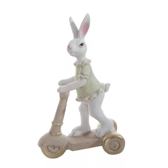 Wielkanocna figurka dekoracyjna uroczego zajączka na hulajnodze w miętowo, beżowej kolorystyce Eurofirany