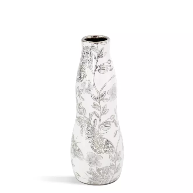 Wazon dekoracyjny biało, srebrny zdobiony roślinnym wzorem 9x25 cm RITA Eurofirany