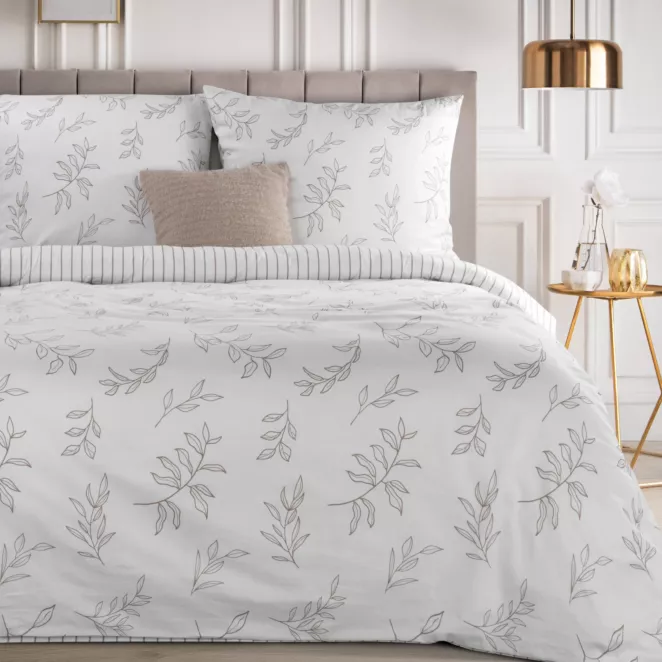 Pościel 220x200 cm komplet 3 częściowy z satyny bawełnianej kolor biało, beżowy zdobiona nadrukiem palmowych liści RAYA 1 Eurofirany