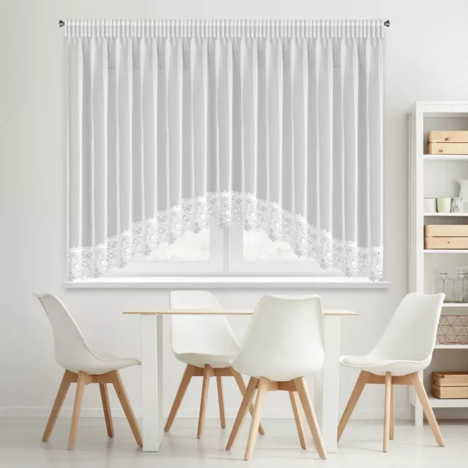 Firana biała łuk z etaminy zdobiona ażurową koronką 400x160 cm, taśma - ARTEMIDA Eurofirany