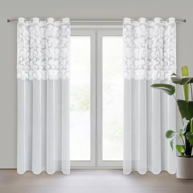 Firana biała z siateczki zdobiona kwiatami z dodatkiem drobnych perełek 3D 140x250 cm przelotka - JASMIN 3 Eva Minge Eurofirany