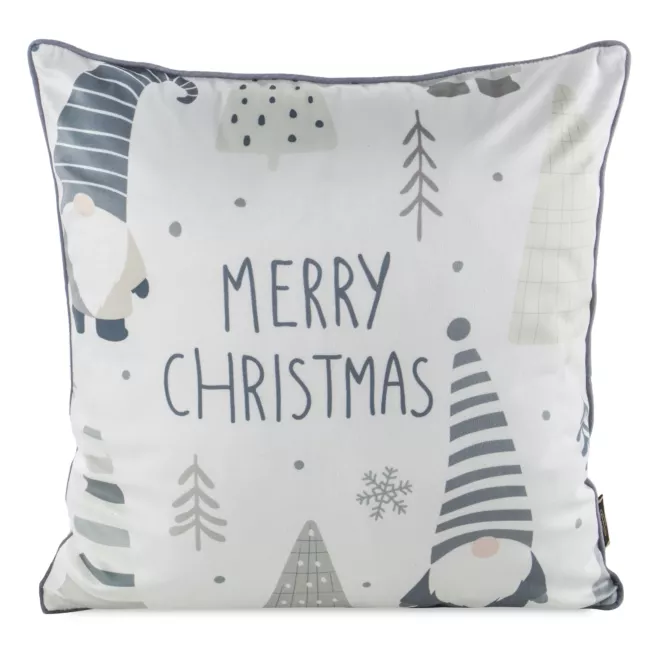 Poszewka na poduszkę świąteczna 45x45 cm biało, stalowa zdobiona uroczym nadrukiem i elegancką wypustką Eurofirany