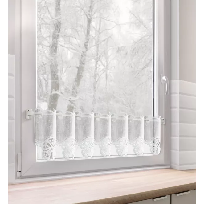 Tkanina firanowa zazdrostka z ażurowym haftem świątecznym w formie dzwoneczków Eurofirany