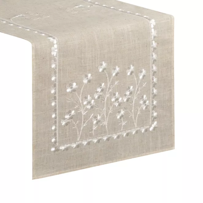Bieżnik na stół beżowy 40x180 cm ADELINE z dodatkiem lnu zdobiony haftem Eurofirany