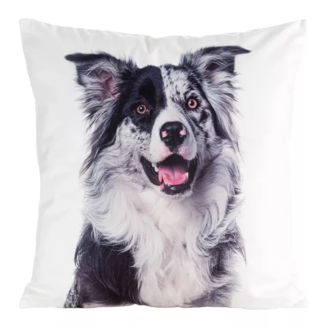 Poszewka na poduszkę 45x45 cm welwetowa zdobiona nadrukiem psa biało, czarna ANIMAL Eurofirany
