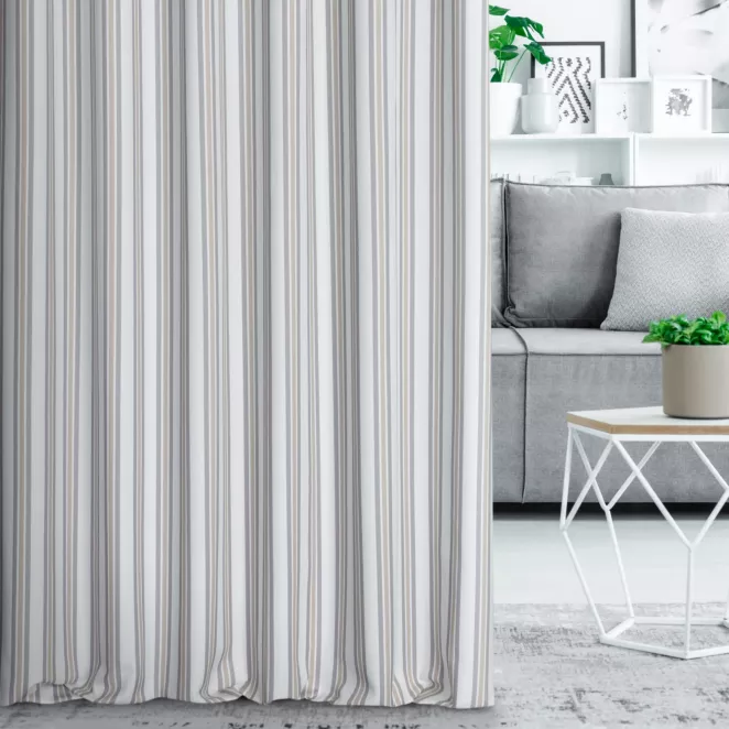 Zasłona szyta na taśmie fala kremowo grafitowa z tkaniny o naturalnym splocie z nadrukowanym wzorem w pasy