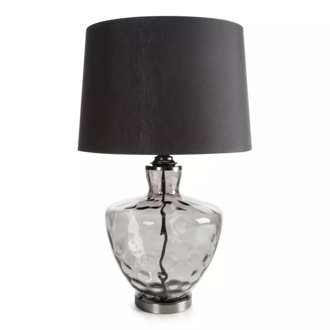 Lampa stołowa do pokoju srebrna ADELINE z lekko dymionego szkła i matowym abażurem Eurofirany