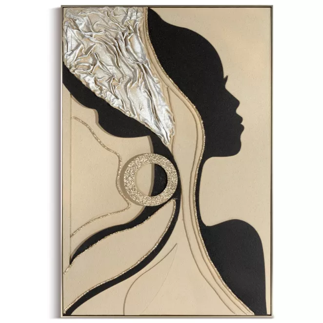 Obraz beżowo, czarny ręcznie malowany z motywem sylwetki kobiety oprawiony w ramę 82x122 cm Eurofirany