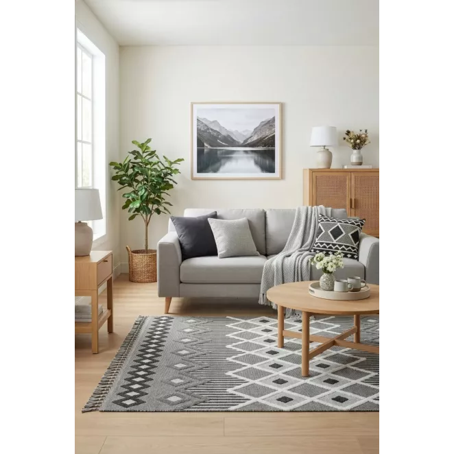 Dywan 80x200 cm grafotowo jasnoszary zdobiony motywem geometrycznym z frędzlami LINDA3 BOHO Eurofirany