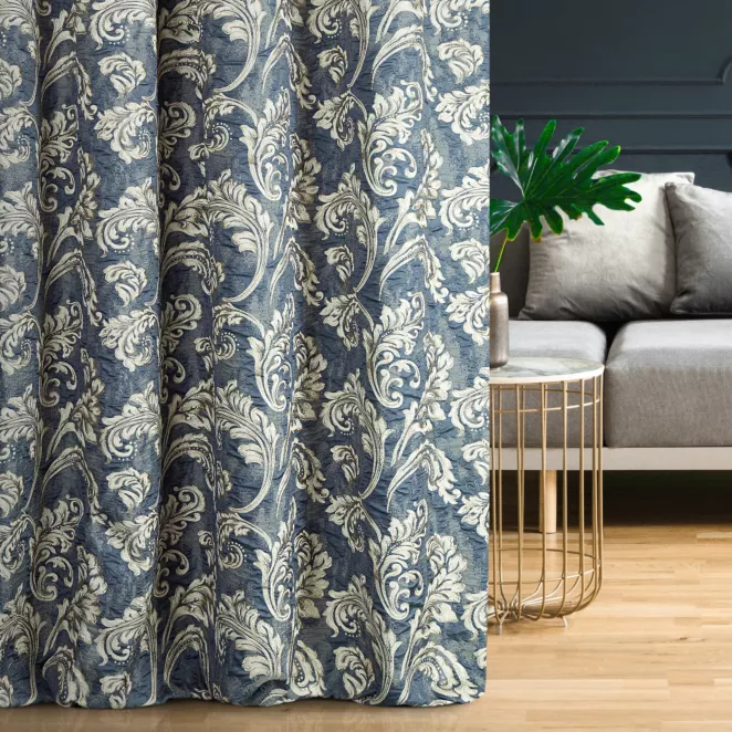 Zasłona szyta na taśmie fala PERUGIA granatowa ze szlachetnej tkaniny z dużym roślinnym wzorem