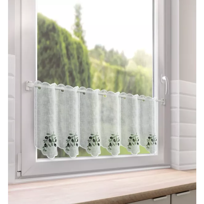 Tkanina firanowa zazdrostka zdobiona haftem gałązki oliwnej Eurofirany