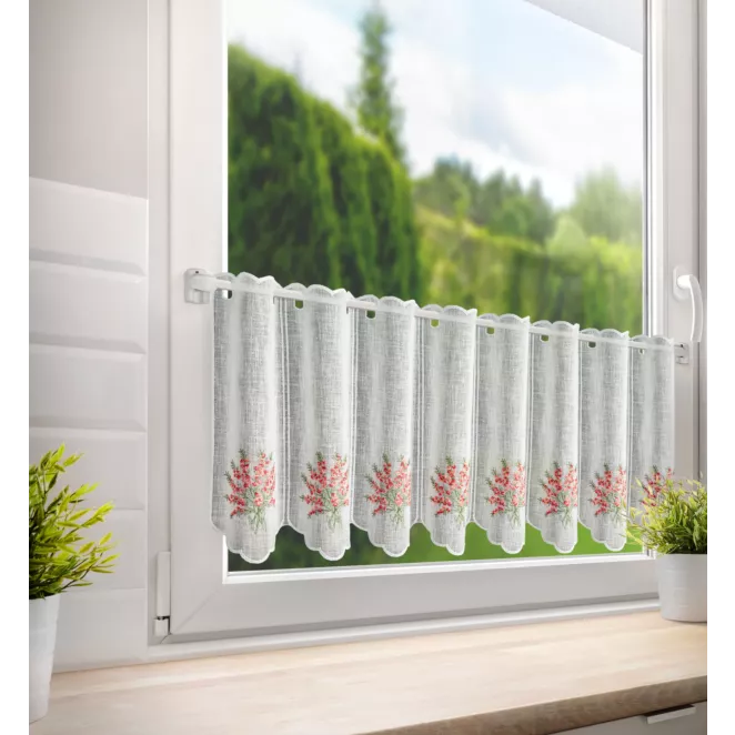 Tkanina firanowa zazdrostka zdobiona haftem różowych kwiatów Eurofirany