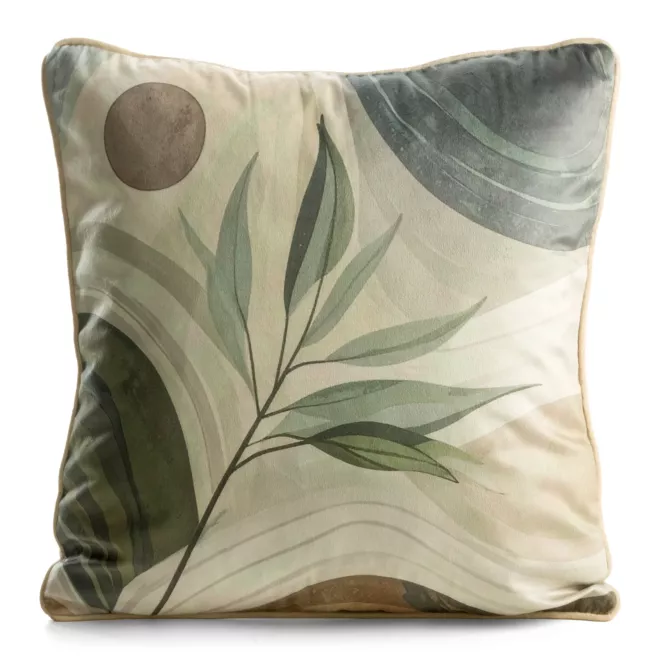 Poszewka na poduszkę 45x45 cm welwetowa oliwkowo, beżowo z roślinnym nadrukiem VELVET 213 Eurofirany