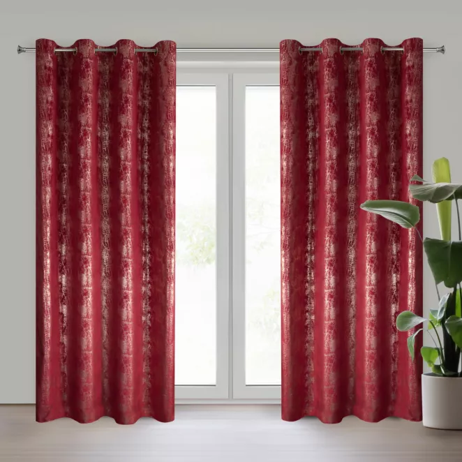 Zasłona bordowo, szampańska welwetowa z błyszczącym nadrukiem 140x250 cm przelotki - INGRID Eurofirany
