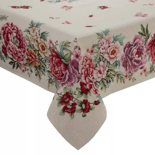 Obrus naturalno, różowy 140x180 cm gobelinowy zdobiony motywem kwiatów