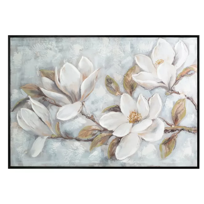 Obraz kremowo, beżowy ręcznie malowane magnolie na płótnie z błyszczącymi akcentami 70x140 cm Eurofirany