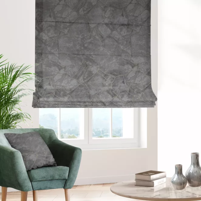 Roleta rzymska popielata z tkaniny z wzorem przetykanym błyszczącą nicią