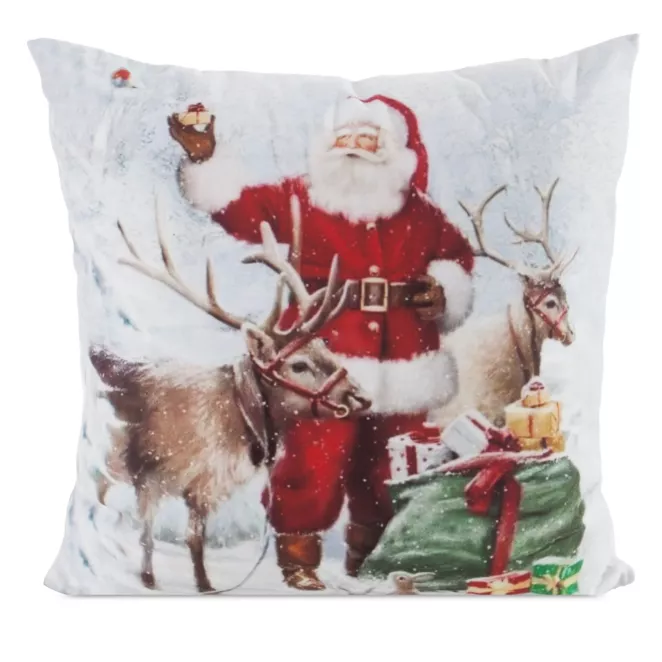 Poszewka na poduszkę świąteczna 45x45 cm biało, czerwona zdobiona nadrukiem Mikołaja z Reniferami  Eurofirany