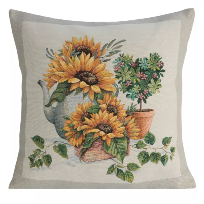 Poszewka na poduszkę 45x45 cm bawełniana, gobelinowa naturalno, żółta z kwiatowym motywem GOB  Eurofirany