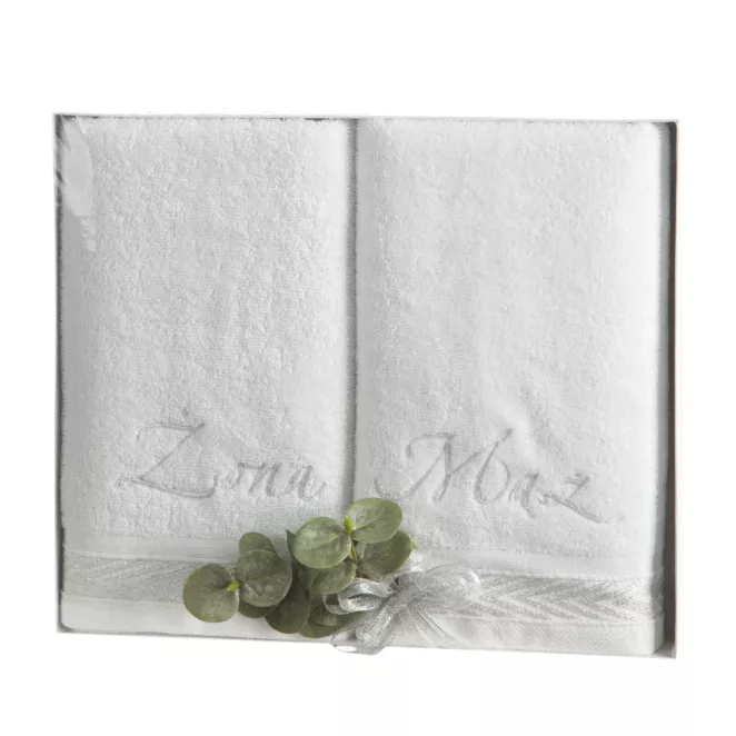 Zestaw ręczników bawełnianych na prezent 2 szt 50x90 cm kolor biały z haftem ŻONA MĄŻ Eurofirany
