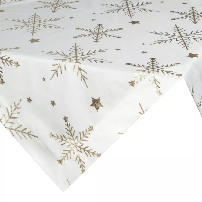 Obrus świąteczny 85x85 cm biało, szampański welwetowy zdobiony błyszczącym nadrukiem Eurofirany